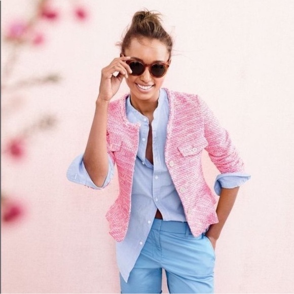 J Crew Peplum Lady Tweed Boucle Jacket Blazer Barbie Pink Fringe Size 14 G1959 - Picture 13 of 16